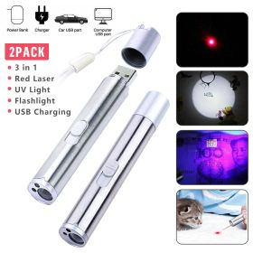 Red Laser Pointer Pen USB Rechargeable LED Light 3 In 1 UV Flashlight 2pcs Cat Dog Toys