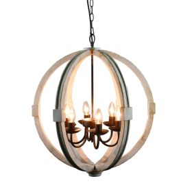 Calder Wooden Orb Shape Chandelier With Metal Chain And Six Bulb Holders, White