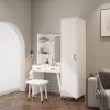 Makeup Vanity Table and Slim Armoire Wardrobe Set, Dressing Table with LED Mirror and Power Outlets and 2 Drawers, Tall Bedroom Closet with Hanging Ro