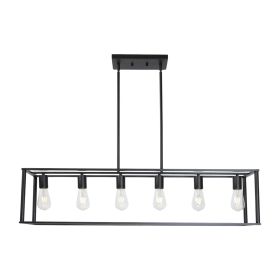 6 Light Rectangle Chandelier Contemporary Farmhouse Linear Pendant Lighting Black Industrial Vintage Kitchen Island Metal Cage Ceiling Light Fixture
